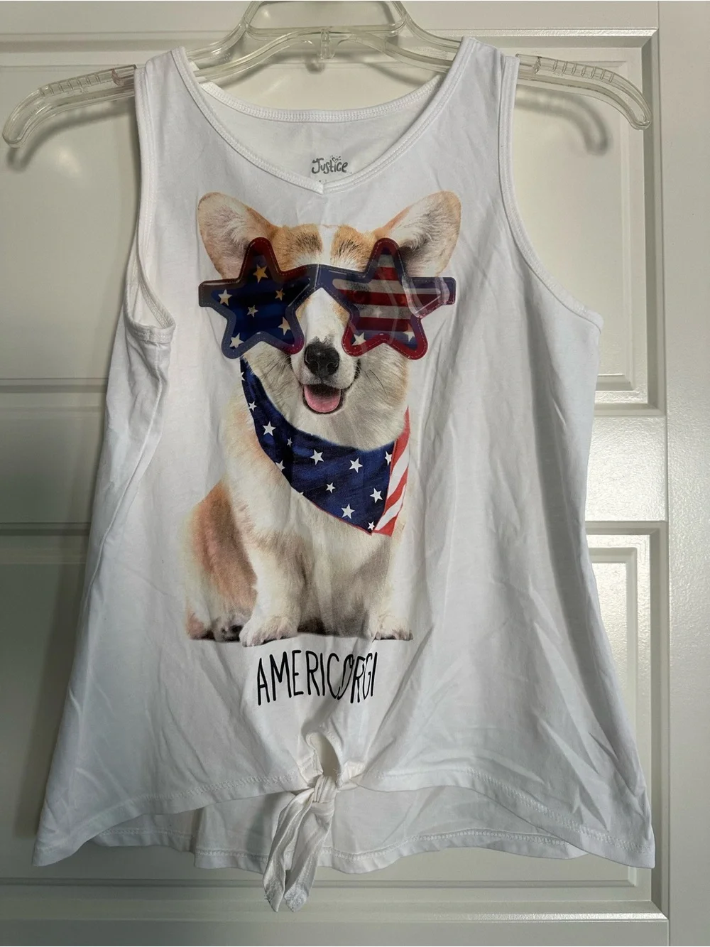 Justice Girls White 'AmeriCorgi' Dog Graphic Tank with American Flag Accents